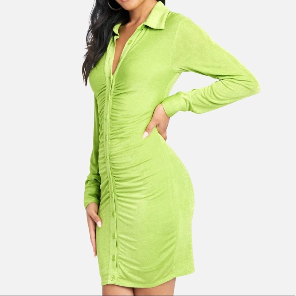 Bebe Green Ruched Button up Dress